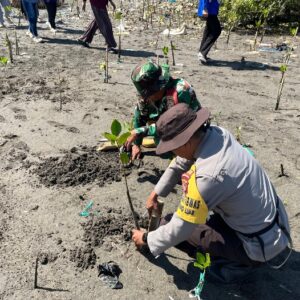 Bhabinkamtibmas dan Babinsa Desa Tanjung Luar Tanam Bibit Mangrove, Ajak Warga Jaga Kelestarian Pantai