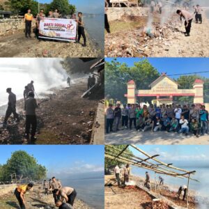 Sambut Hari Bhayangkara ke-80, Polsek KP3 Polres Bima Kabupaten Gotong royong Membersihkan Pantai Kalaki